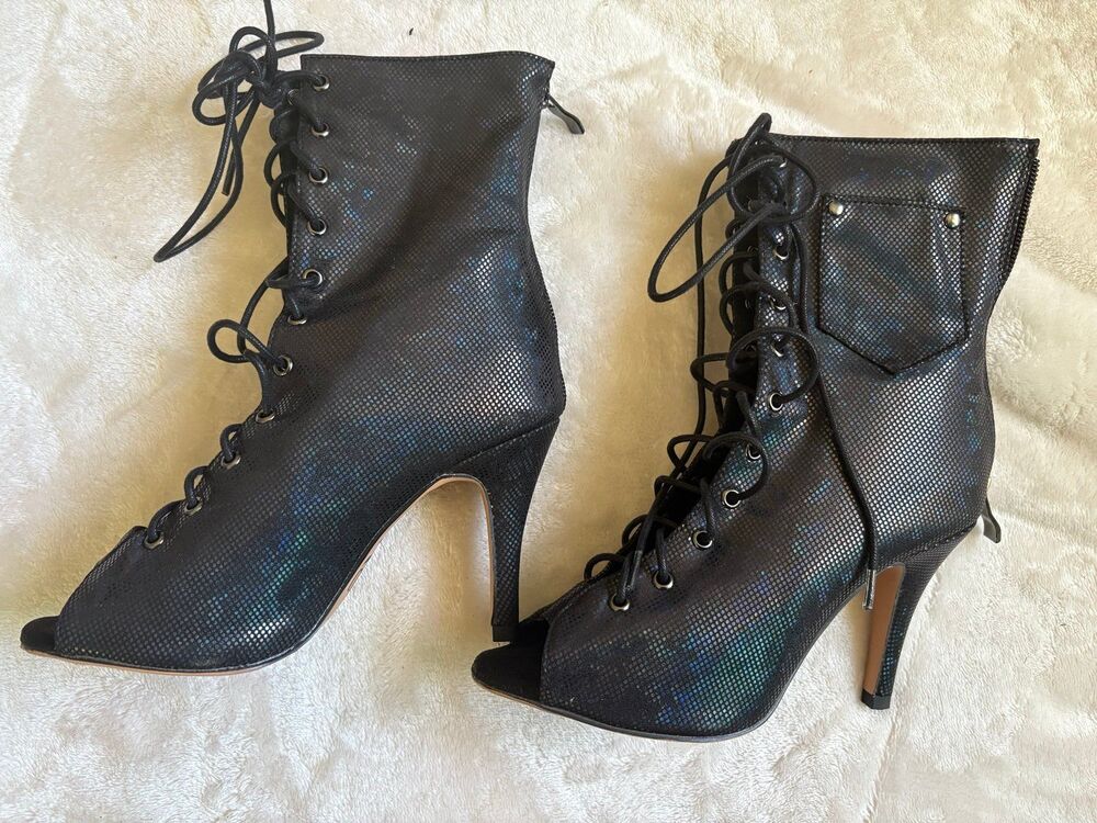 Burju Kiira Harper Deja Vu Open Toe Lace Up Heels 5.5 Blue Metallic Dance Bootie - Picture 5 of 8